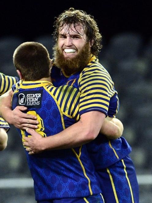 Otago players Liam Coltman and Jayden Spence celebrate their win over Tasman at the Forsyth Barr...