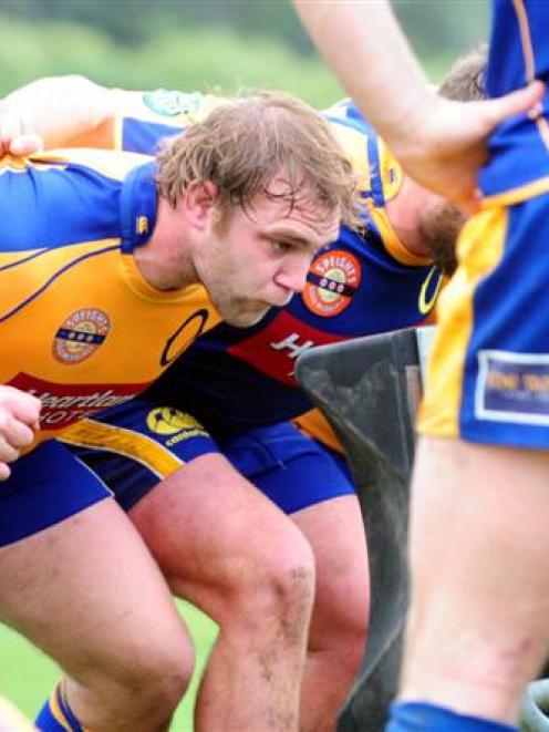 Otago prop Sam Hibbard packs down at team training at Logan Park this week. Photo by Craig Baxter.