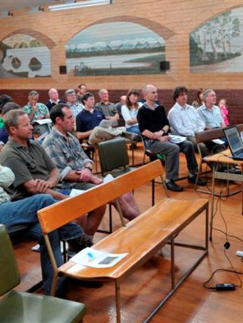 Otago Regional Council chairman Stephen Woodhead addresses a public meeting at Momona Hall...
