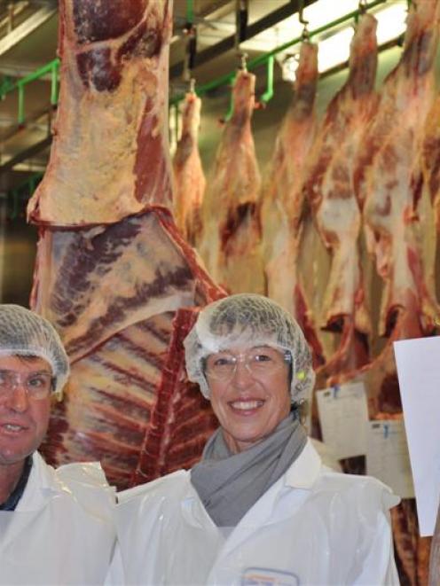 Otago-Southland beef carcass competition convener Barry Gray and Alan Dodd Trophy winner Jean...