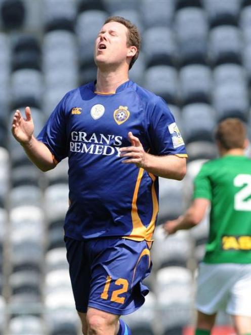 Otago United striker Aaron Burgess shows his frustration after a missed opportunity against...