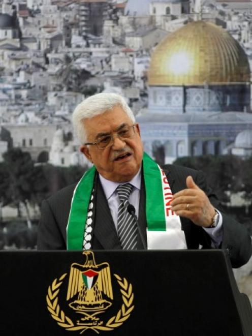 Palestinian President Mahmoud Abbas speaks during a ceremony marking the eighth anniversary of...