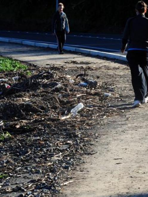 Pedestrians negotiate a storm-damaged section of the Otago Peninsula cycleway beside Portobello...