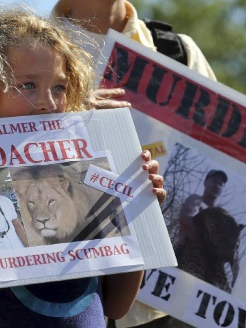People display hold signs during protest against the killing of Cecil the lion outside the River...