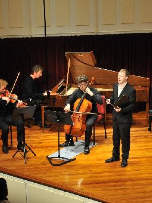 Performing Robert Burns' Ae Fond Kiss at the University of Otago last night are (from left) Tim...