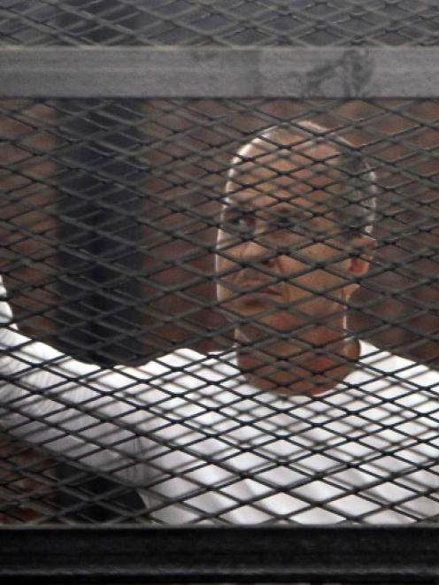 Peter Greste stands in a metal cage during his trial in a court in Cairo in March last year....