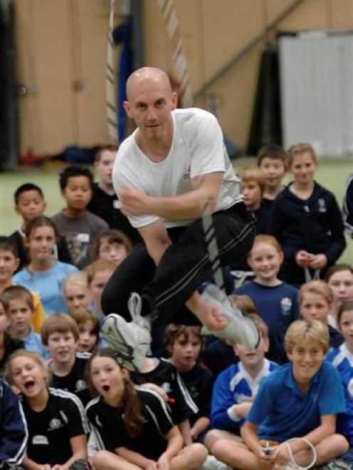 Peter Nestler gets some air during a skipping demonstration in the Edgar Centre yesterday. Photo...
