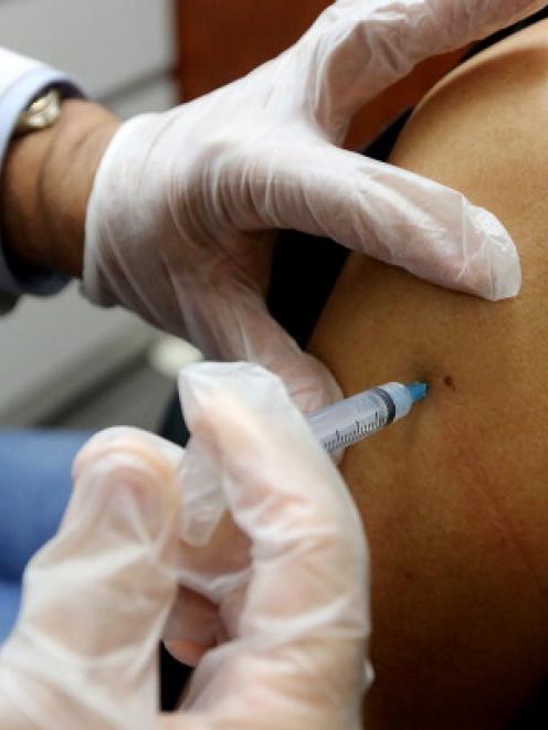 Phamacist Prakash Deshpande injects a patient with influenza vaccine at a Manhattan pharmacy in...
