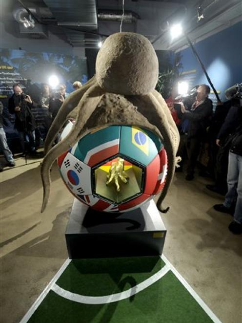 Photographers surround the monument of Paul the octupus at Sea Life aquarium in Oberhausen. (AP...