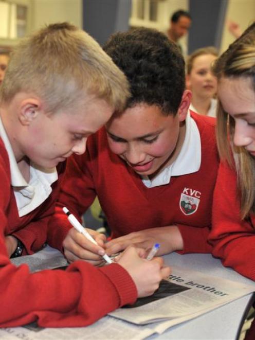 Pictured from left Kaikorai Valley College pupils Mikey Cooper(12), Caleb Vuli (12) and Smara...