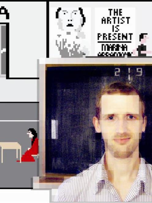 Pippin Barr (right) surrounded by scenes from his game <i>The Artist Is Present</i>.