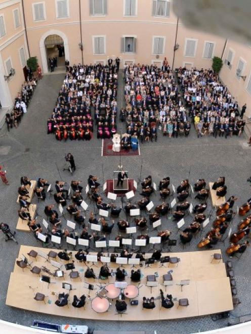 Pope Benedict XVI (L) and Italian President Giorgio Napolitano attend a concert offered by the...
