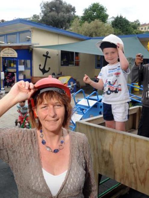 Port Chalmers Kindergarten head teacher Julie Peters and preschoolers (from left) Jaxon Greer (4)...