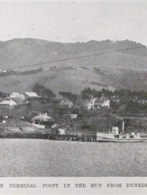 Portobello, Otago Harbour, with the ferry boat Waikana at the jetty. - Otago Witness, 20.7.1910.