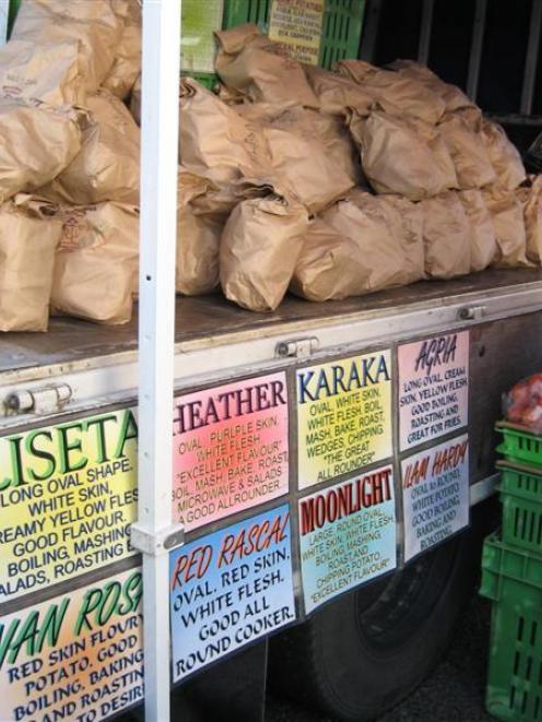 Potato varieties at Ettrick Gardens' stall at the Dunedin Farmers Market. Photo by Charmian Smith.