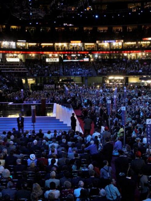 President Bush addresses the Republican National Convention in St. Paul, Minn., on Tuesday, via...