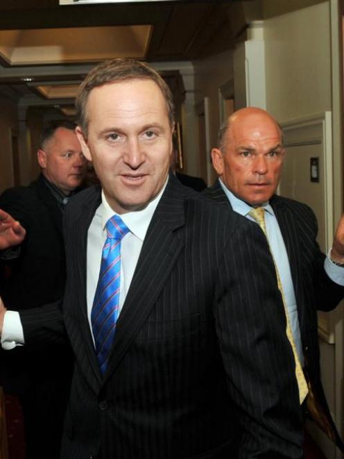 Prime Minister elect John Key and ACT leader Rodney Hide emerge after talks in Wellington today....