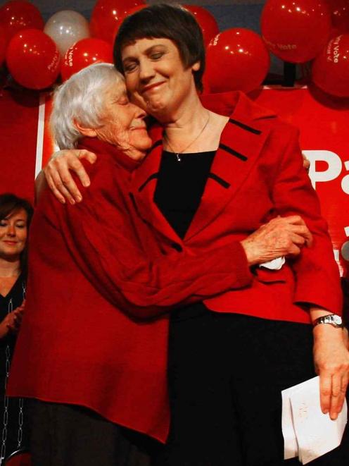 Prime Minister Helen Clark hugs her mother, Margaret, after conceding defeat at the Labour Party...