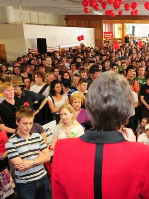 Prime Minister Helen Clark is given an attentive reception at the University of Otago yesterday....