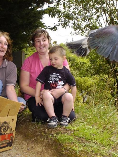 Project Kereru supporter Lizzie Harrison (left), of Red Barn, and its rehabilitator Nik Hurring...