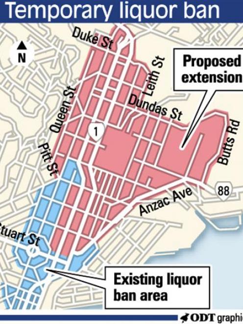 Proposed temporary extension to liquor ban area. ODT graphic.
