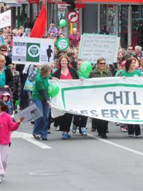 Protesters against cuts to early childhood education march in Dunedin on Saturday. Photo by Craig...
