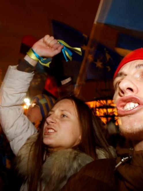 Protesters chant slogans during a demonstration in support of the EU integration at Independence...