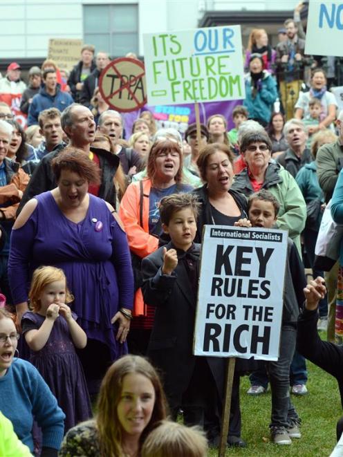 Protesters in Dunedin’s Octagon add their voices to the nationwide protest against the Trans...