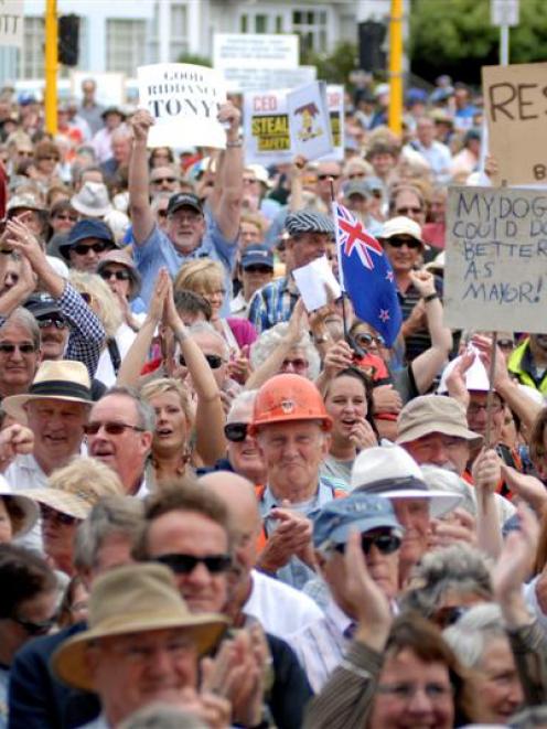 Protesters wanting change on the Christchurch City Council gather outside its offices in Hereford...