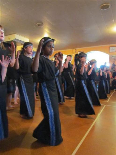 Pupils from St Patrick's School in Waimate perform at the Waimate Matariki Festival yesterday....