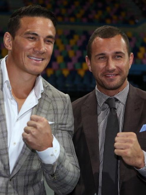 Quade Cooper and Sonny Bill Williams announce Cooper's boxing debut.  (Photo by Chris Hyde/Getty...