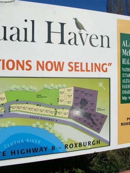 This sign fronting State Highway 8 in Roxburgh depicts the plan for Quail Haven subdivision,...