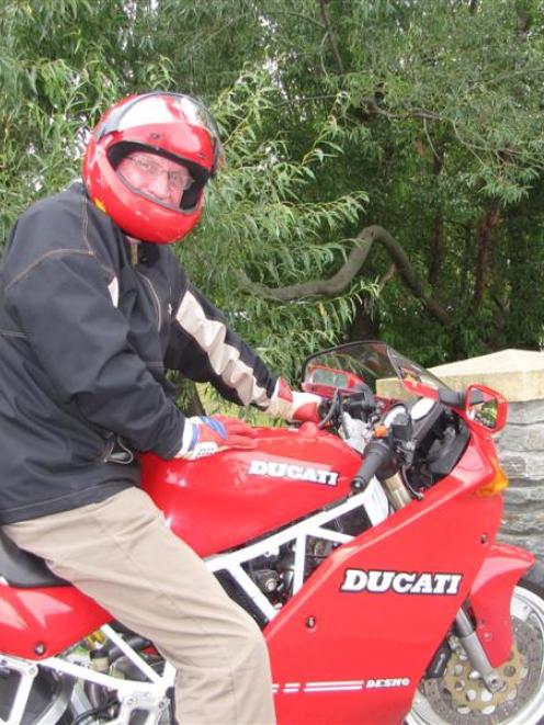 Queenstown Lakes Mayor Clive Geddes on his Ducati motorcycle in Queenstown yesterday. Mr Geddes...