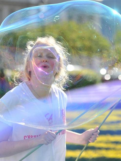 Rachael Cox (14), of Dunedin, blows a bubble inside a bubble at a Dunedin event at the weekend to...