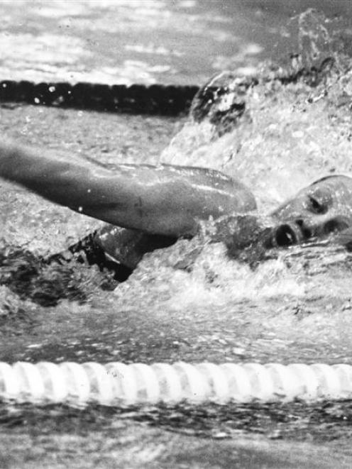 Rebecca Perrott winning the 100m freestyle at the New Zealand winter championships in 1979. Photo...