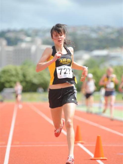 Rebekah Greene (St Hildas) on her way to winning  the women's 3000m at the Caledonian Ground on...