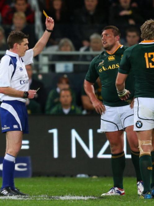 Referee George Clancy sends off Dean Greyling of South Africa.  (Photo by Phil Walter/Getty Images)