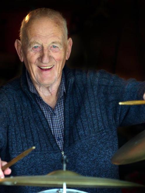 Retiring drummer Jack Allpress (85) at home in Dunedin yesterday. Photo by Peter McIntosh.