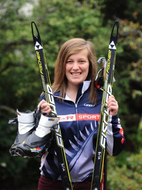 ria Noble and some of her cross-country skiing equipment. Photo by Linda Robertson.