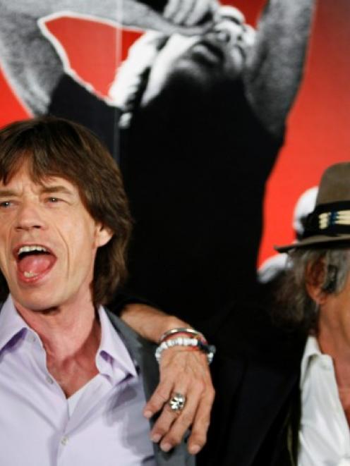 Rolling Stones Mick Jagger (L) and Keith Richards at a news conference in New York regarding the...