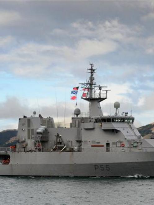 Royal New Zealand Navy ship HMNZS Wellington makes its way up Otago Harbour on Saturday afternoon...
