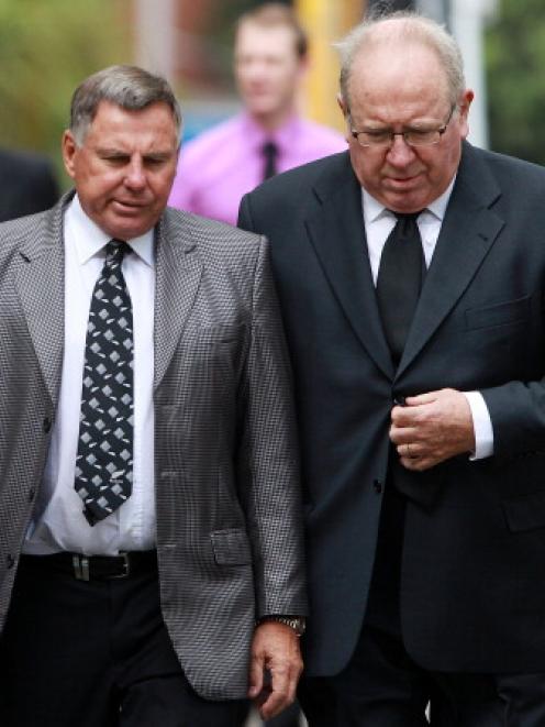 Rugby commentator Keith Quinn (R) and ex-All Black coach John Hart arrive at Old Saint Paul's in...
