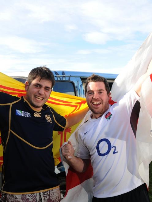 Rugby fans Ranald Torrance (left) and Ben Taylor, both of England, at Dunedin Holiday Park...