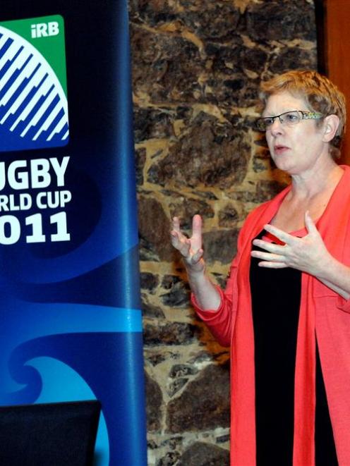 Rugby New Zealand 2011 rights-protection manager Carol Harris  addresses a public meeting on the...