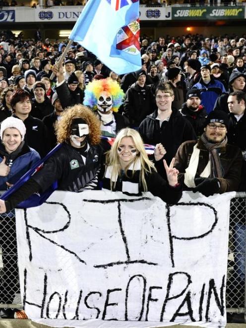 Rugby supporters at the All Blacks-Fiji test at Carisbrook last night. Photo by Craig Baxter.