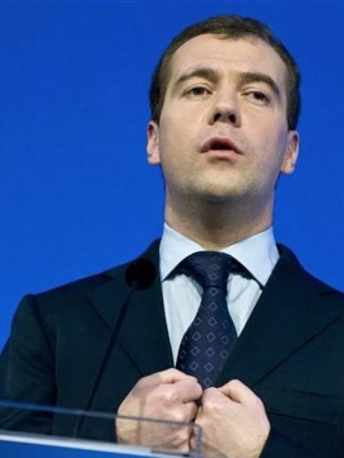 Russian President Dmitry Medvedev speaks during a press conference during the European Union and...