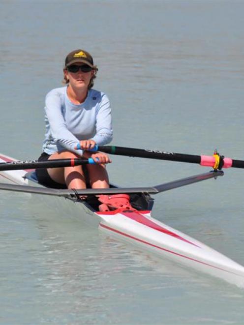 Saasha Bruce warms up for the singles sculls at the New Zealand rowing championships at Luke...