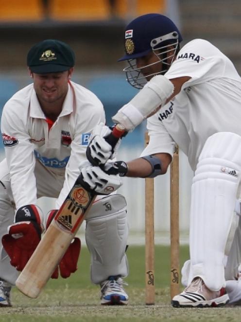 Sachin Tendulkar bats for India during their match against CA Chairman's XI at Manuka oval in...
