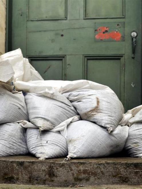 Sandbags placed as a precaution at the rear of Oamaru's Forrester Gallery. Photo by Gerard O'Brien.