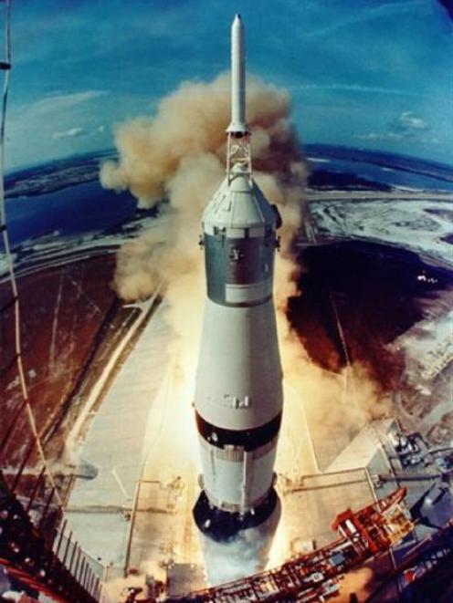 The Apollo 11 Saturn V launch vehicle blasts off. Photo supplied.